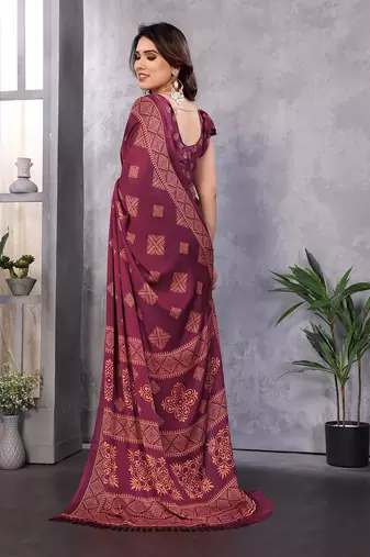 Poly chiffon wine printed saree with blouse piece