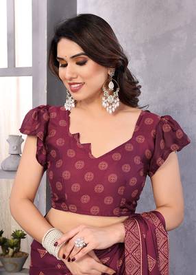 Poly chiffon wine printed saree with blouse piece 5