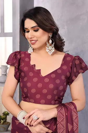 Poly chiffon wine printed saree with blouse piece