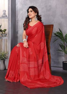 Poly chiffon red printed saree with blouse piece 1