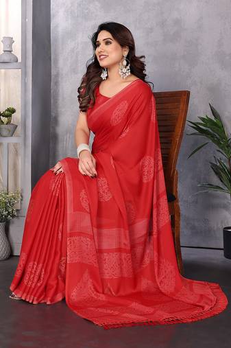 Poly chiffon red printed saree with blouse piece