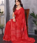 Poly chiffon red printed saree with blouse piece