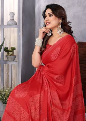 Poly chiffon red printed saree with blouse piece 2