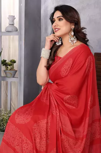 Poly chiffon red printed saree with blouse piece