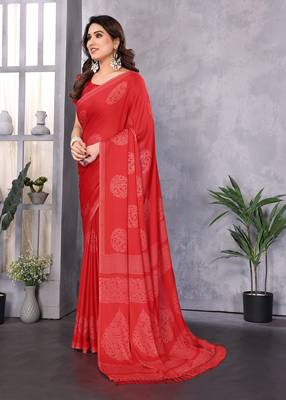 Poly chiffon red printed saree with blouse piece 3