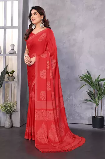 Poly chiffon red printed saree with blouse piece