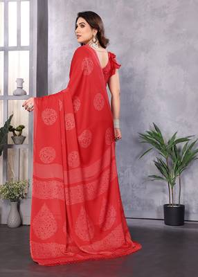 Poly chiffon red printed saree with blouse piece 4
