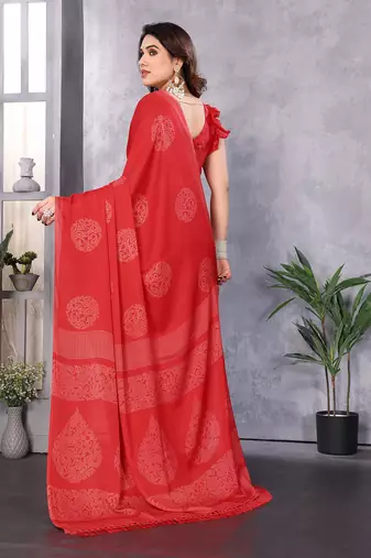 Poly chiffon red printed saree with blouse piece
