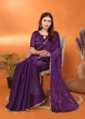 Silk blend purple mirror work saree with blouse piece 1