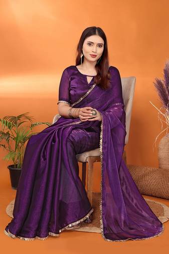 Silk blend purple mirror work saree with blouse piece