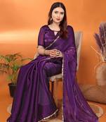 Silk blend purple mirror work saree with blouse piece