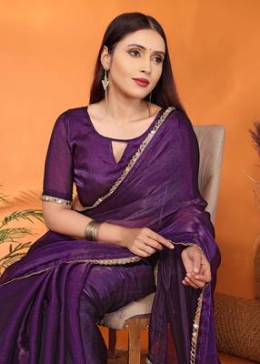 Silk blend purple mirror work saree with blouse piece 2