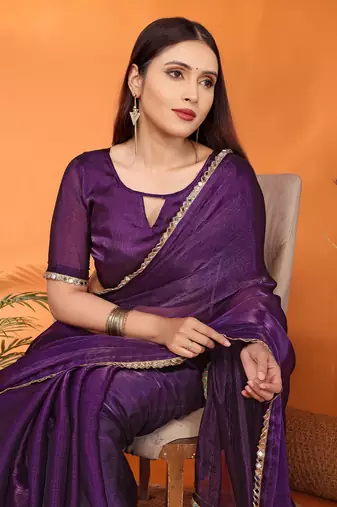 Silk blend purple mirror work saree with blouse piece