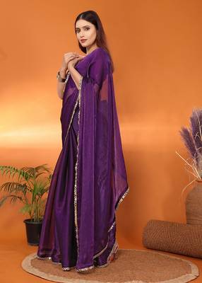 Silk blend purple mirror work saree with blouse piece 3