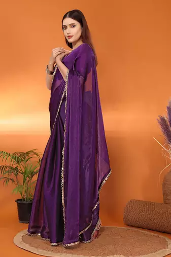 Silk blend purple mirror work saree with blouse piece