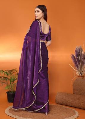 Silk blend purple mirror work saree with blouse piece 4