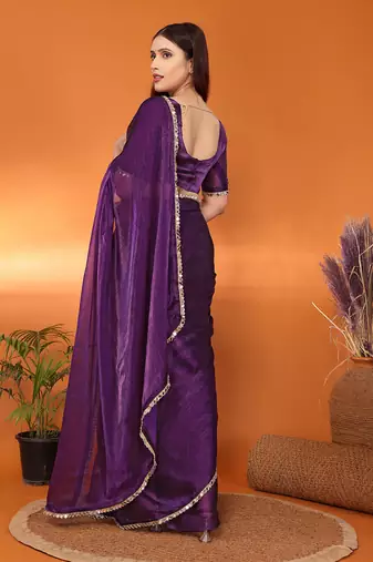 Silk blend purple mirror work saree with blouse piece
