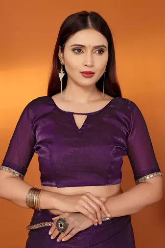 Silk blend purple mirror work saree with blouse piece