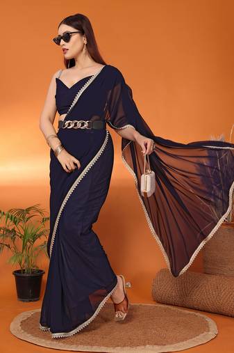 Pure georgette navy-blue beads and stones saree with blouse piece