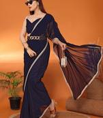 Pure georgette navy-blue beads and stones saree with blouse piece