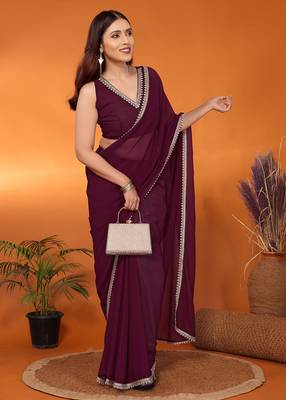 Pure georgette wine beads and stones saree with blouse piece 1