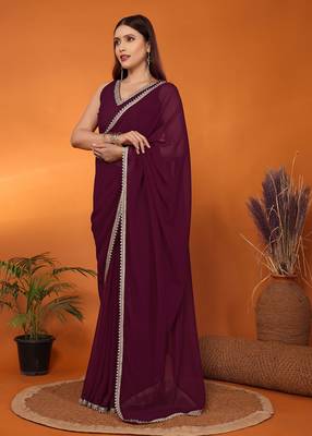 Pure georgette wine beads and stones saree with blouse piece 2