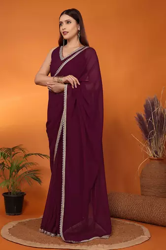 Pure georgette wine beads and stones saree with blouse piece