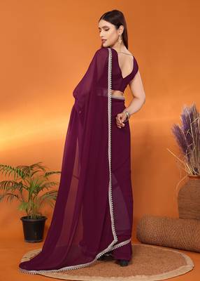 Pure georgette wine beads and stones saree with blouse piece 3
