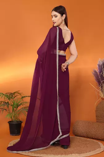 Pure georgette wine beads and stones saree with blouse piece