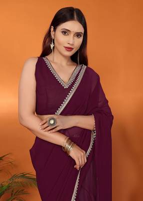 Pure georgette wine beads and stones saree with blouse piece 4
