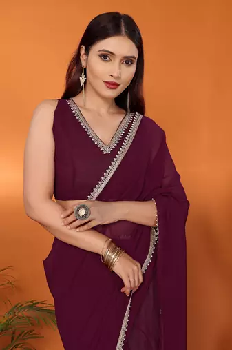Pure georgette wine beads and stones saree with blouse piece
