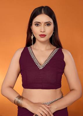 Pure georgette wine beads and stones saree with blouse piece 5