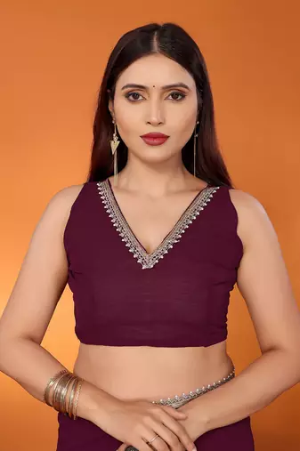 Pure georgette wine beads and stones saree with blouse piece
