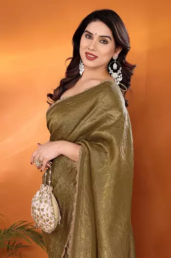 Tissue mhendi beads and stones saree with blouse piece