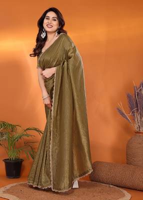 Tissue mhendi beads and stones saree with blouse piece 3