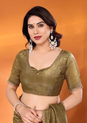 Tissue mhendi beads and stones saree with blouse piece 5