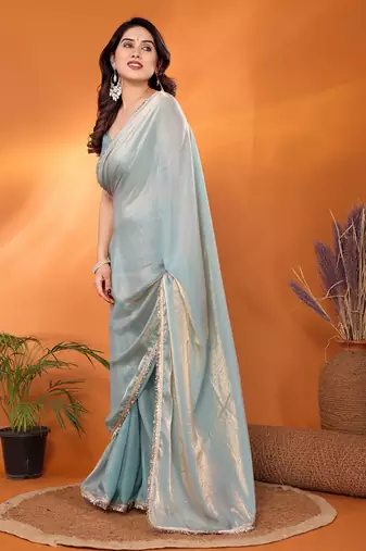 Tissue  skyblue sequinned saree with blouse piece