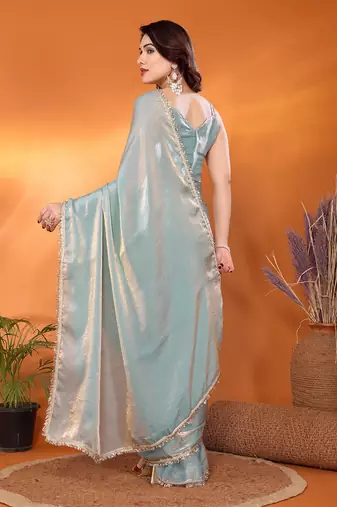 Tissue  skyblue sequinned saree with blouse piece