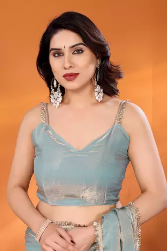 Tissue  skyblue sequinned saree with blouse piece