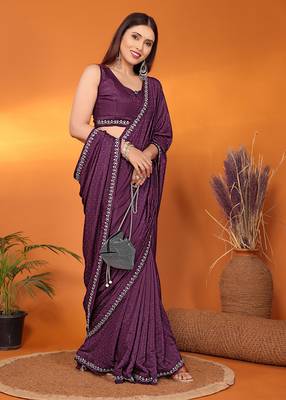 Satin wine beads and stones saree with blouse piece 1