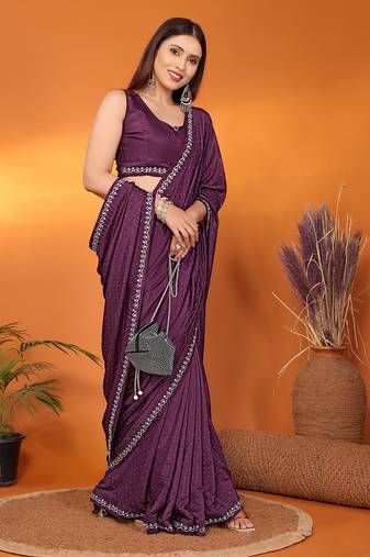 Satin wine beads and stones saree with blouse piece