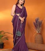 Satin wine beads and stones saree with blouse piece