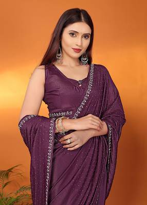 Satin wine beads and stones saree with blouse piece 2