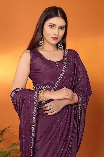Satin wine beads and stones saree with blouse piece