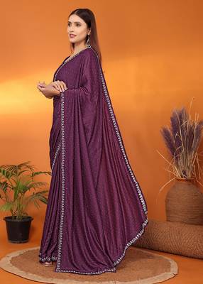 Satin wine beads and stones saree with blouse piece 3