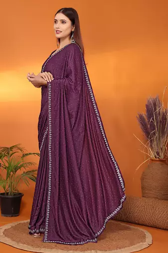 Satin wine beads and stones saree with blouse piece