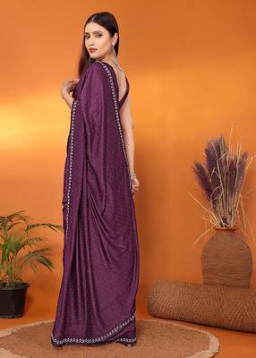 Satin wine beads and stones saree with blouse piece 4