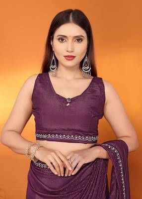 Satin wine beads and stones saree with blouse piece 5