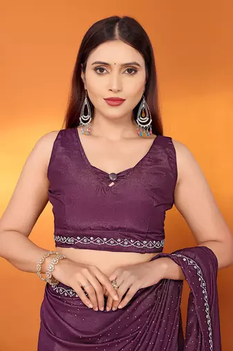 Satin wine beads and stones saree with blouse piece