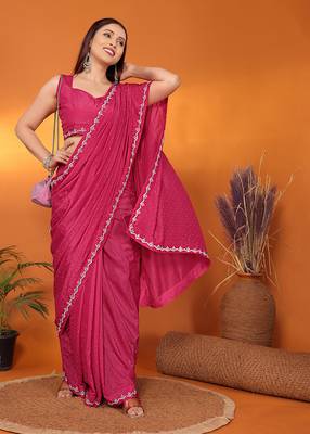 Satin rani beads and stones saree with blouse piece 1